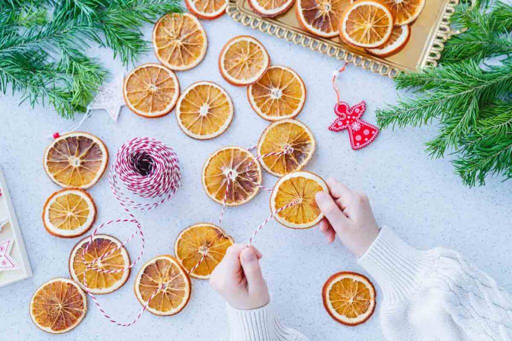 Dried oranges on a table to make a wreath